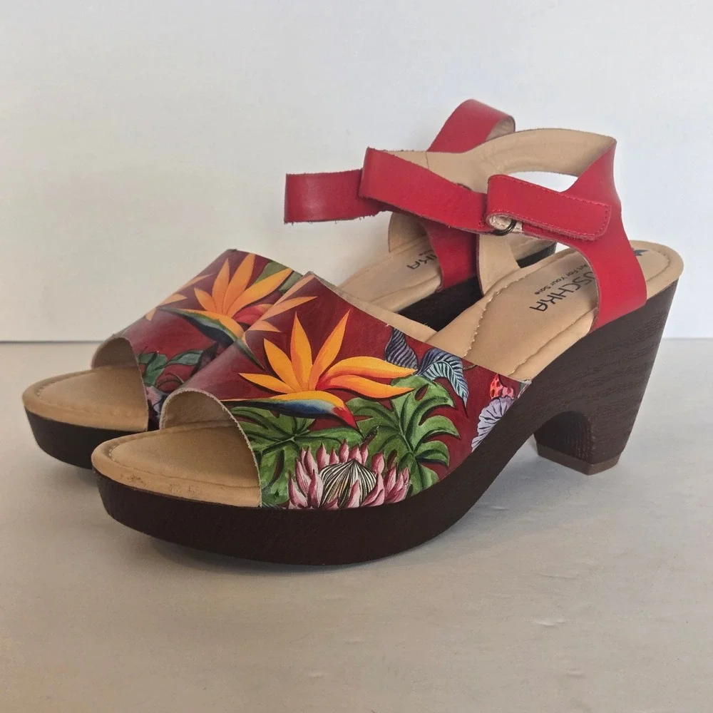 Anuschka US 9 Tropical Floral Leather Platform Heel Sandals Red